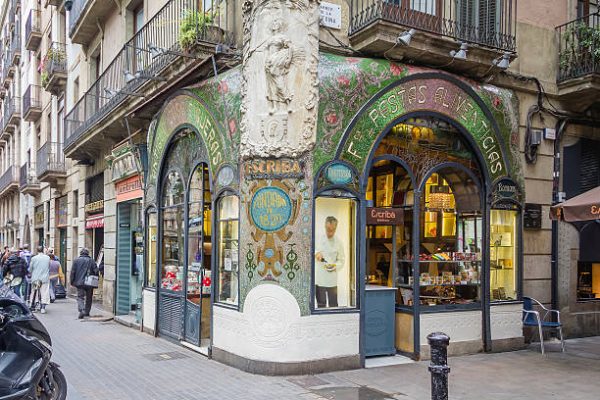 Barcelona, Spain - May 31, 2013: People walking in front of famous antique pastry shop in Ramblas street